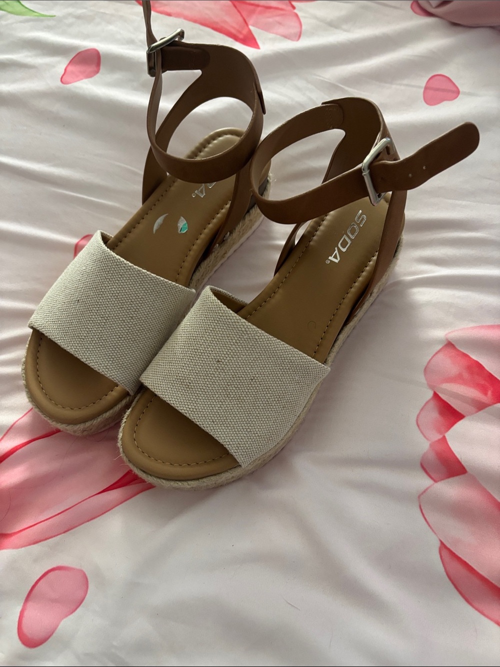 Soda Cream Canvas and Tan Ankle-Strap Espadrille Sandals